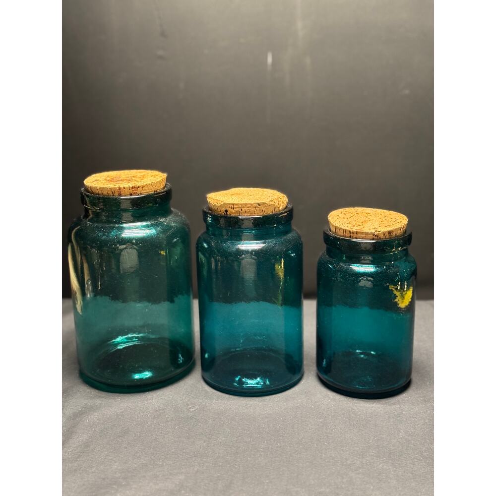 Set of 3 Vintage Teal Glass Jars with Original Cork Stoppers–6.5", 7.5", 8" Tall